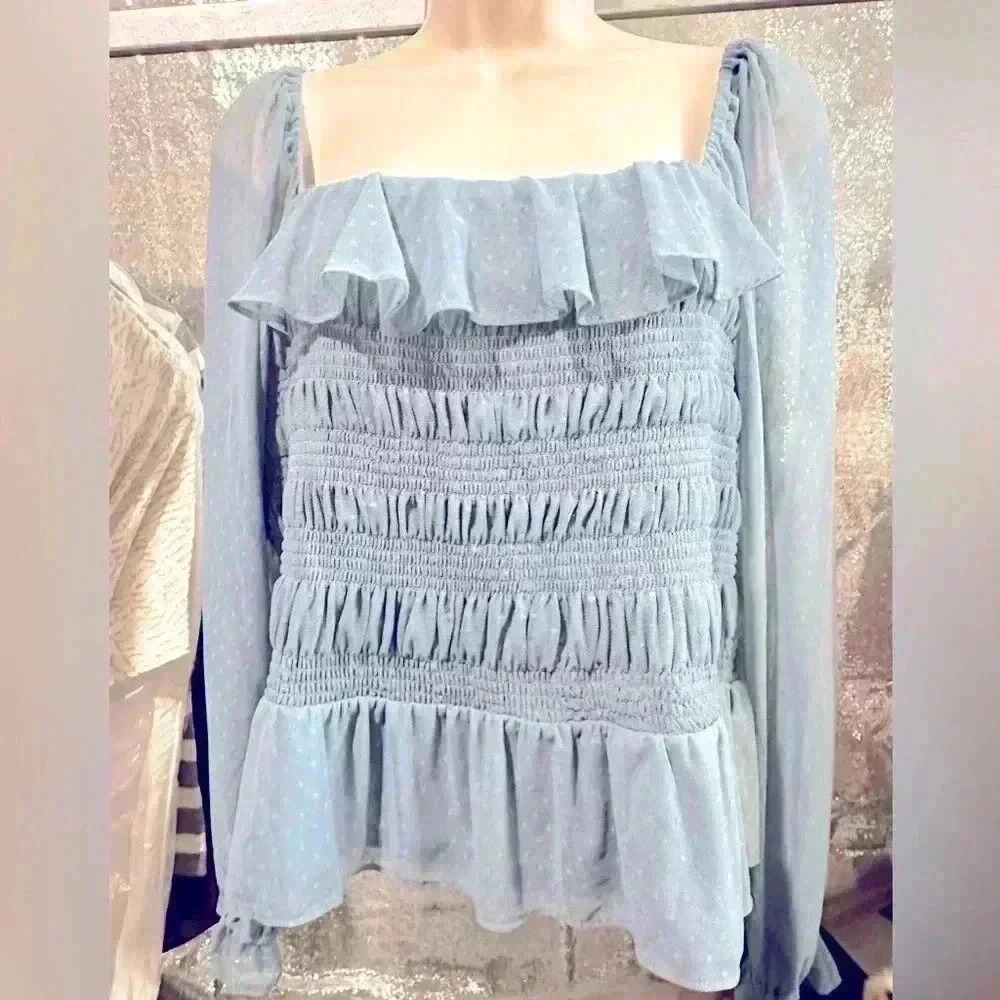 LC Lauren Conrad Womens SIZE 2XL Light Blue Smock Peplum Hem‎ Top